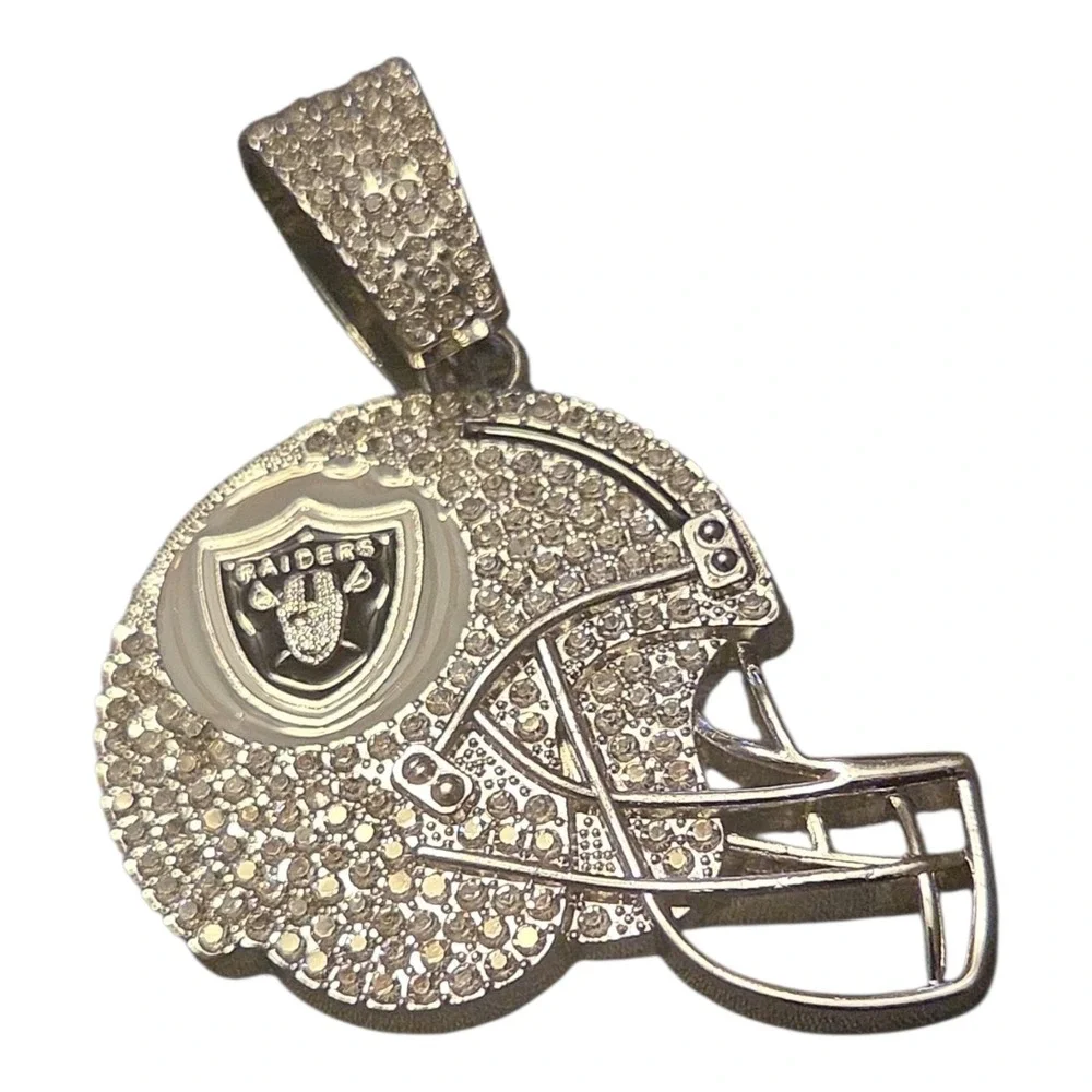 Las Vegas Raiders Iced Out Football Helmet Pendant Silver Tone Fan Jewelry